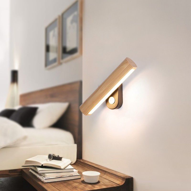 Japanese Style Wooden Wall Light Cylinder Shape Rotatable Wall Lamp for Living Room