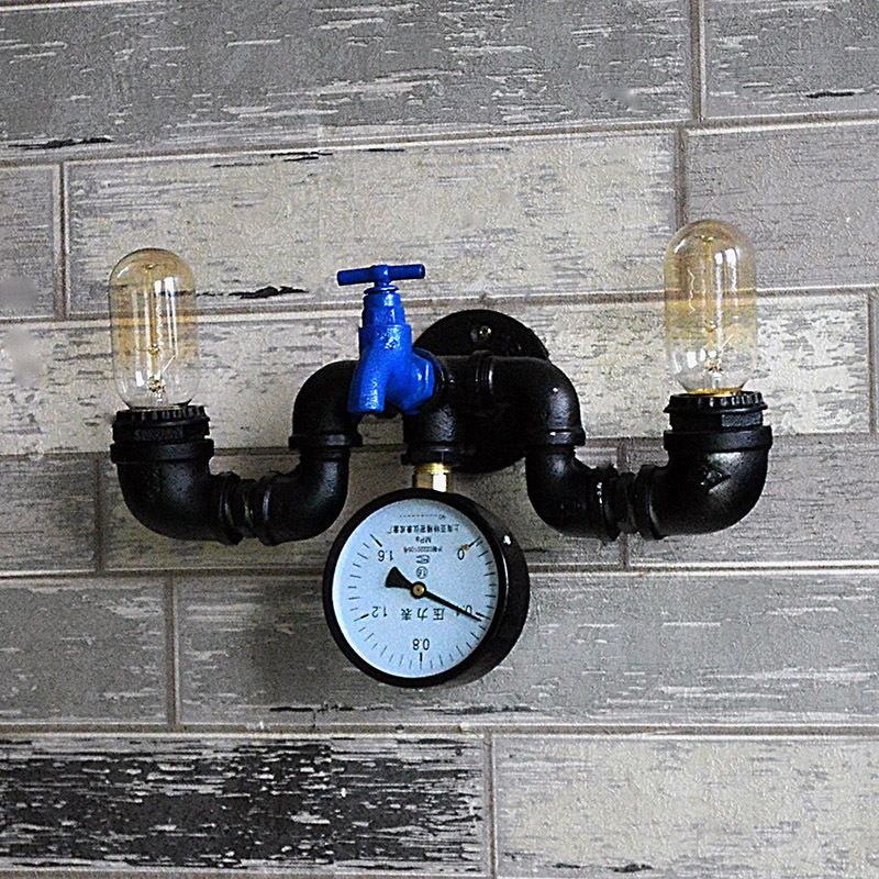 Antique Style Pipe Wall Lamp with Pressure Gauge and Faucet Deco 2 Lights Metal Sconce Lighting in Black