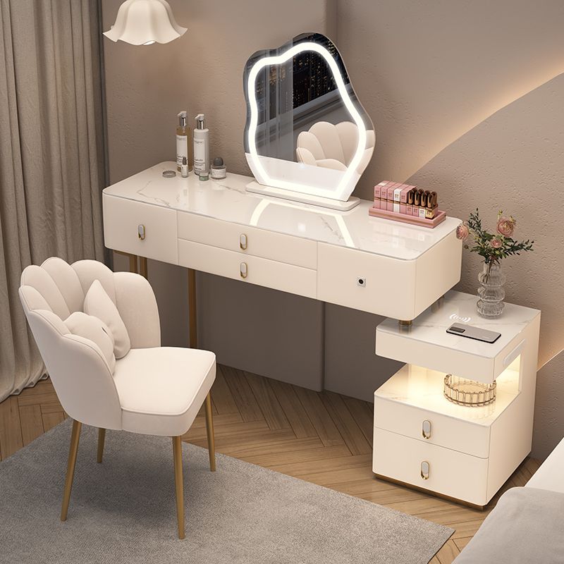 Mirrored Stone Top Makeup Vanity Desk White/Gray Dressing Table