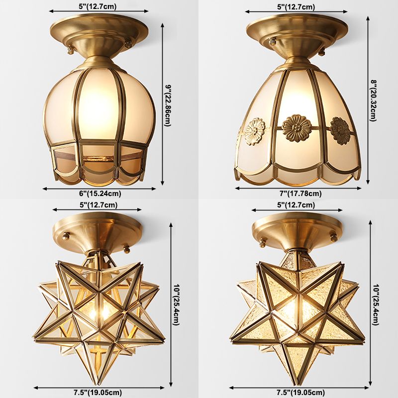 Brass Ceiling Mounted Fixture Vintage-Style Glass Shaded Semi Flush Ceiling Light