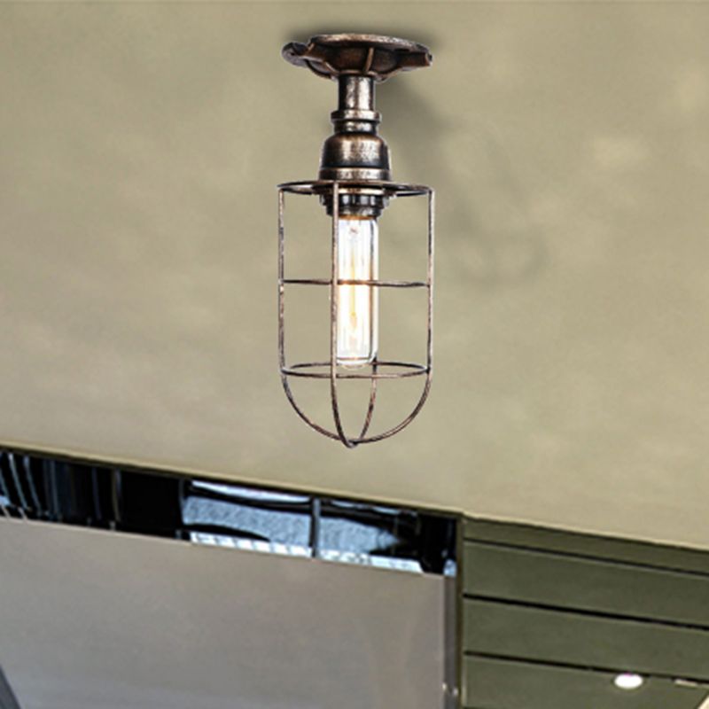 Black / Bronze 1 Bulb Semi-Flush Mount Light Vintage Metal Wire Guard Ceiling Mounted Light for Corridor