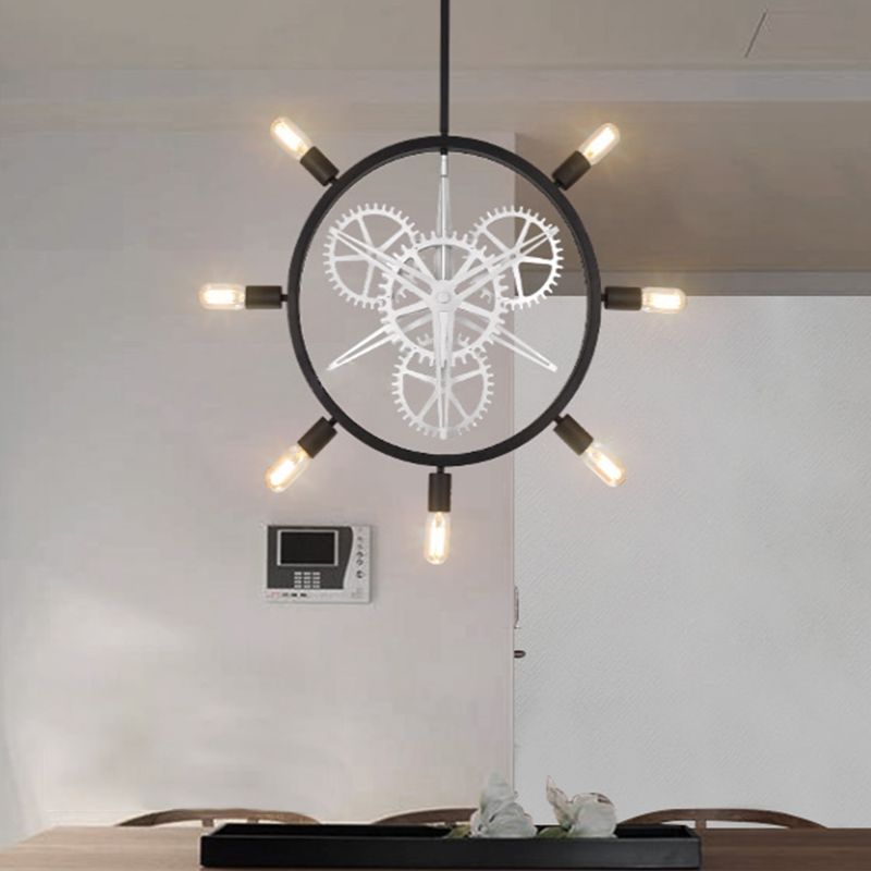 7/8 Bulbes Fer Chandelier suspendu industriel Black / Silver Gear Roue à manger Table d'éclairage en suspension avec conception de bulbe exposée