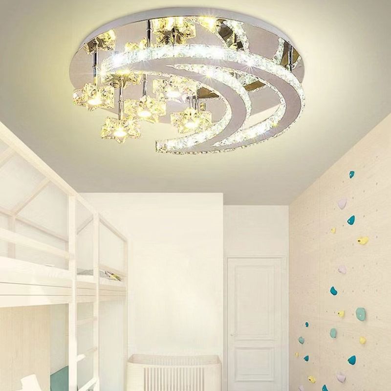 Ringed Shape Semi Flush Mount Modern Style Crystal Flush Ceiling Light in Silver