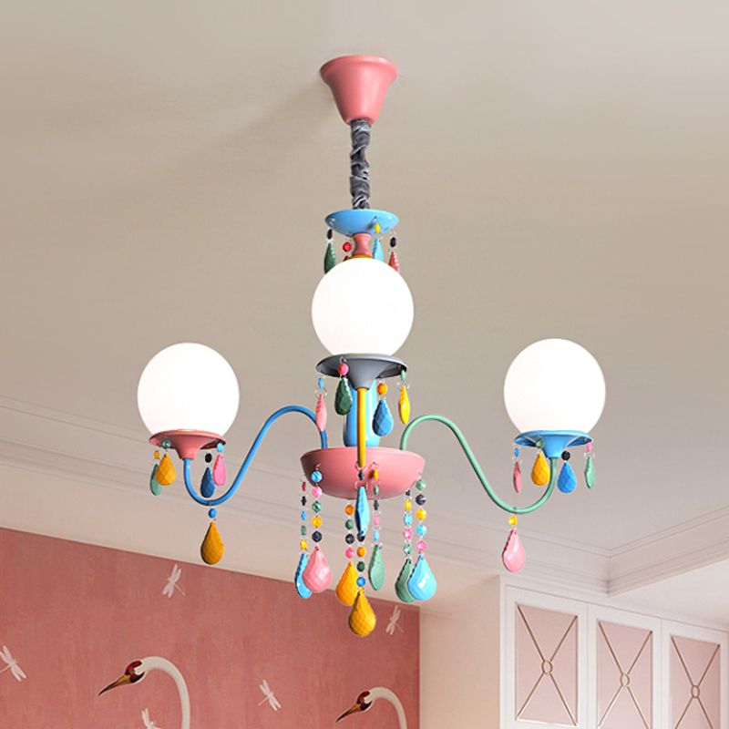 Pink and Yellow Curved Arm Chandelier Light Cartoon 3/5/6 Lights Metallic Pendant Lamp with/without Shade