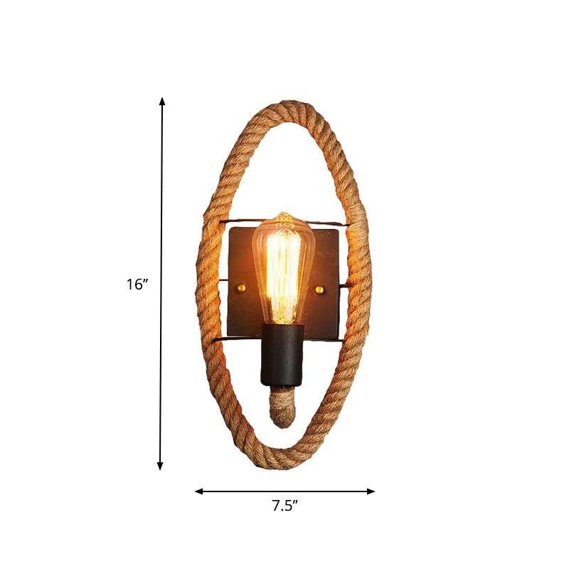 1-Head Rope Wall Sconce Loft Style Black Finish Round/Oval Corridor Metallic Wall Mount Lighting with Exposed Bulb