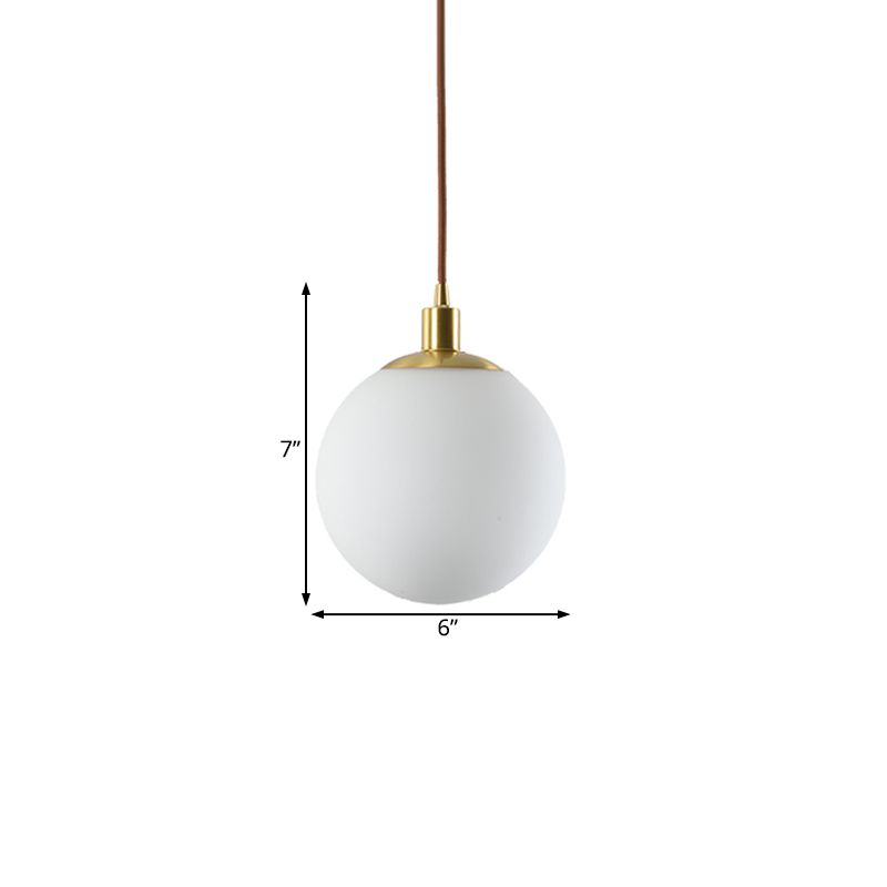6"/8"/10" Wide Milky Glass Ball Pendant Light Post Modern Led Hanging Ceiling Lamp in Brass