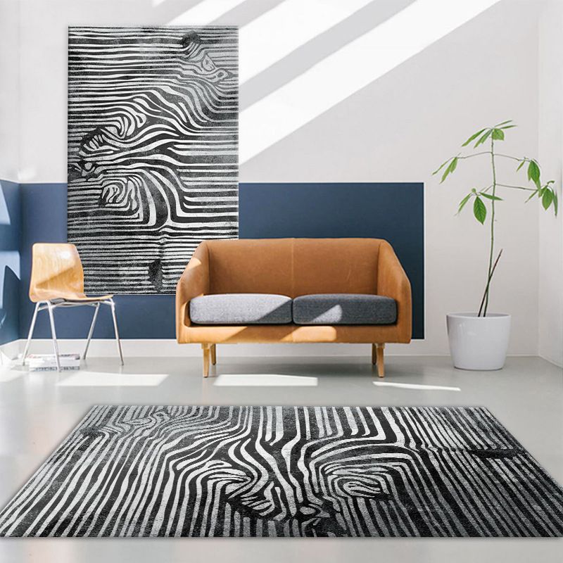 Black Modern Rug Polyester Striped Area Rug Non-Slip Backing Rug for Living Room