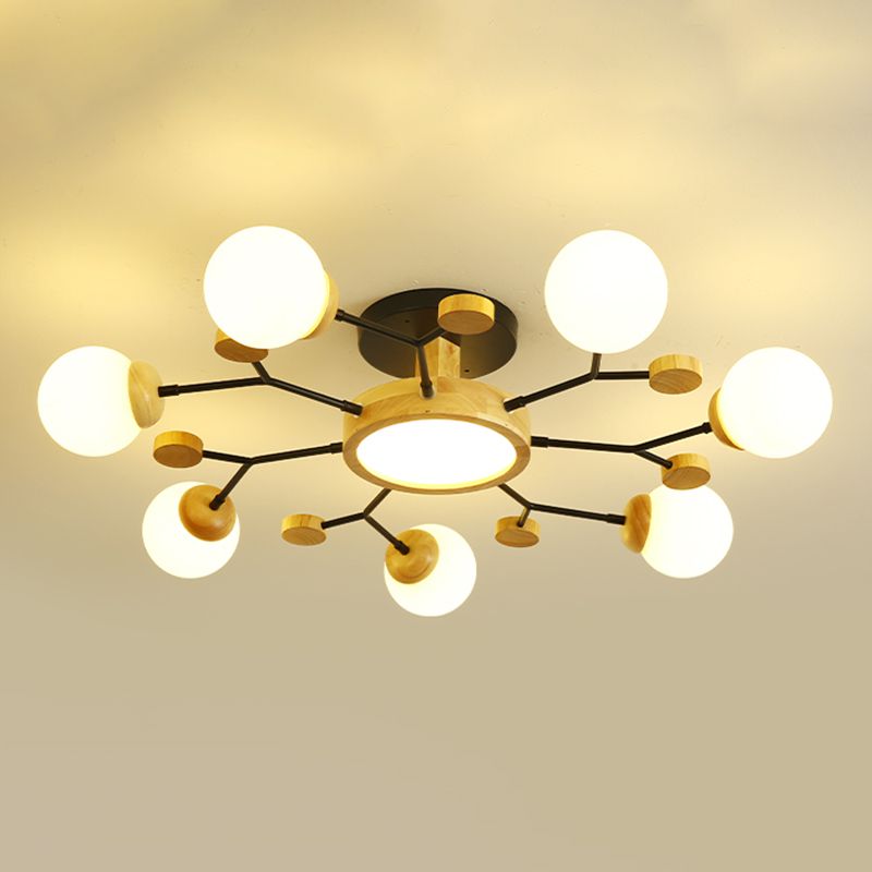 Nordic Solid Wood Ceiling Light White Glass Modos Semi Flush Light for Living Room