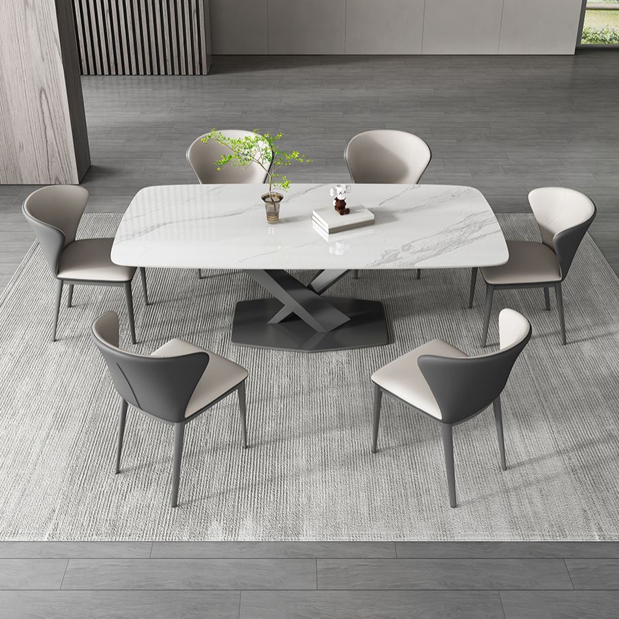 White Stone Top Dining Table Rectangular Tabletop with Metal Pedestal Base