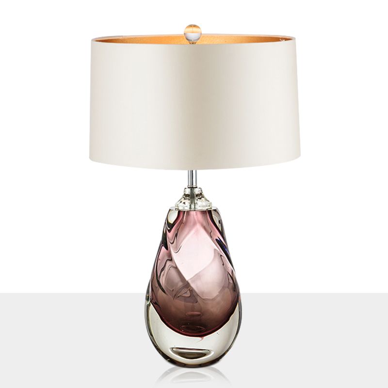 Pear Living Room Table Light Handblown Glass 1 Head Post-Modern Nightstand Lamp with Drum Fabric Shade in White
