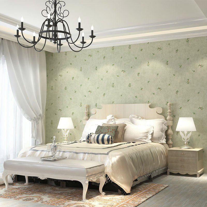 Decorazione da parete verde non incollata, carta da parati con ciliegie e foglie, per camera da letto