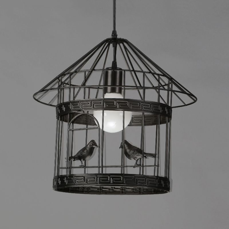 Rustic Birdcage Hanging Light 1 Head Metal Pendant Lamp in Black with Bird Decoration