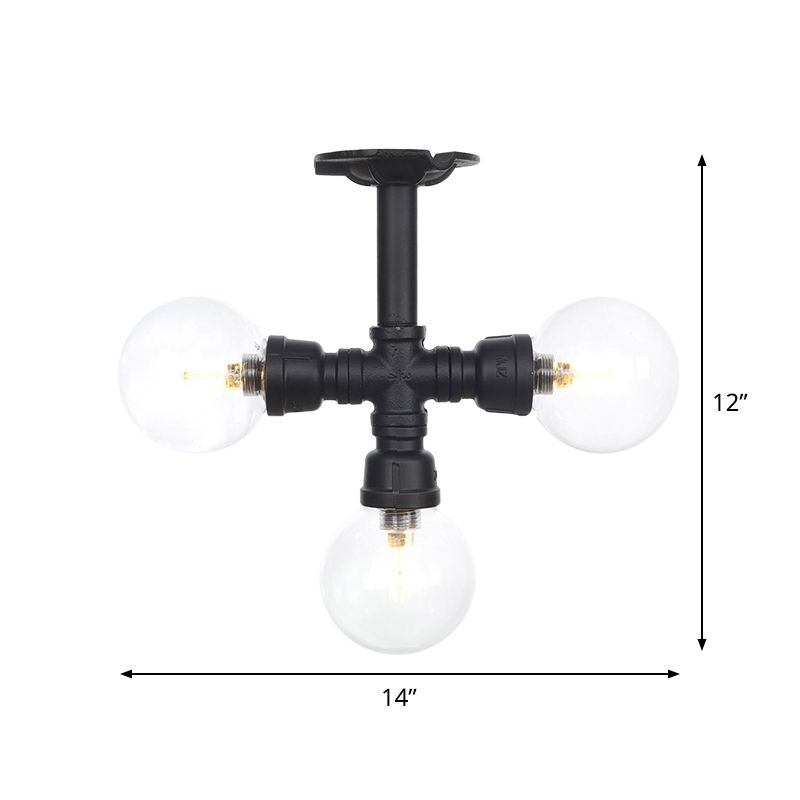 Industrial-Style Orb Semi Flush Light 3/4 Lights Clear Glass LED Flushmount Lamp in Black