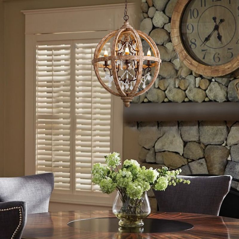 French Retro Chandelier Wood Crystal Pendant Light Fixture for Bedroom Living Room