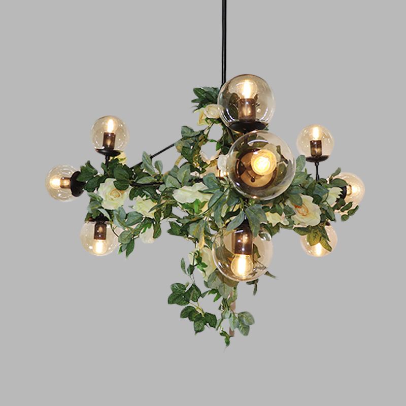 10/14-Bulb Island Pendant Industrial Globe Smoke Gray Glass Hanging Light in Black with Geometric Cage