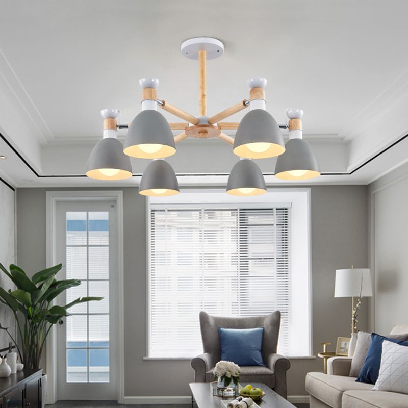 Macaron Style Bell Chandelier Lighting Metal Bedroom Hanging Light avec une tige en bois