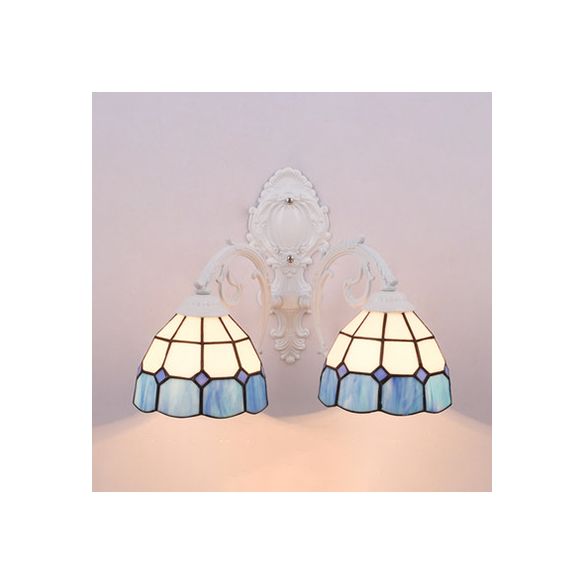 Nautical Dome Wall Sconce Light Stained Glass 2 Lights Wall Lighting in White for Bedroom