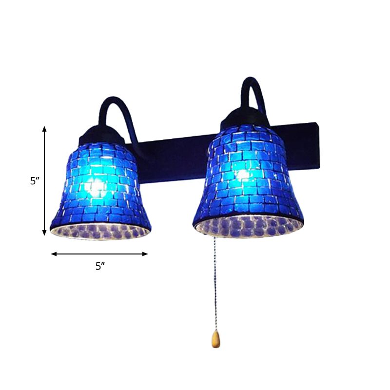 Stained Glass Bell Wall Mounted Light 2 Heads Yellow/Pink/Orange Sconce Light Fixture with Pull Chain Switch