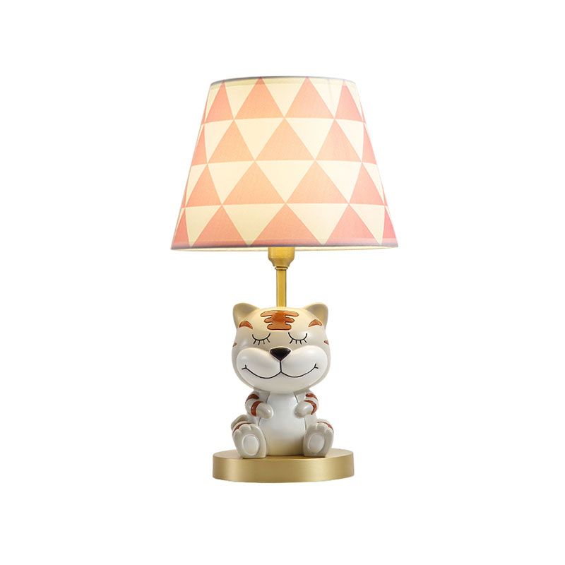 Conical Triangle-Print Fabric Table Light Kids Single Bulb Pink/Blue Night Stand Lamp with Resin Tiger Base