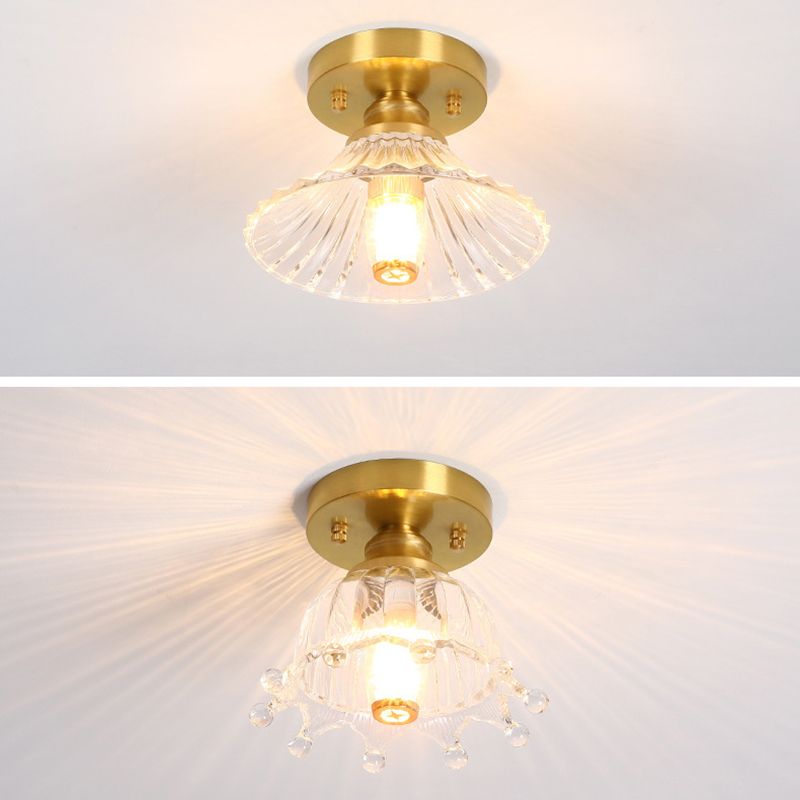 Small Foyer Ceiling Mounted Lamp Textured Glass 1-Bulb Minimalist Semi Flush Light in Brass