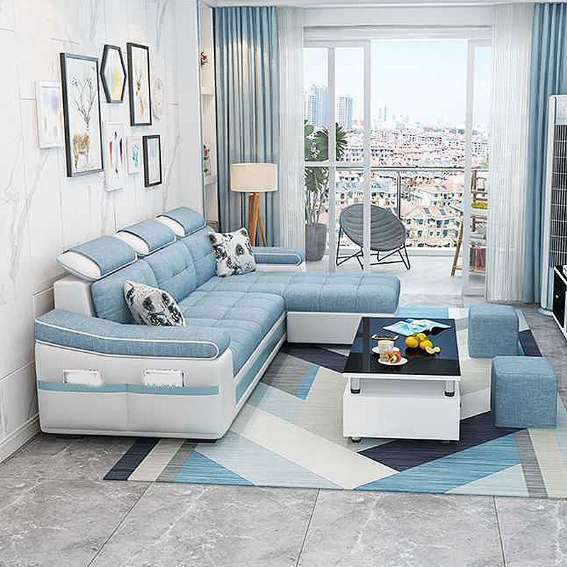 Modern L-shape Sofa and Chaise Right Facing Faux Leather/Linen Blend Sectionals