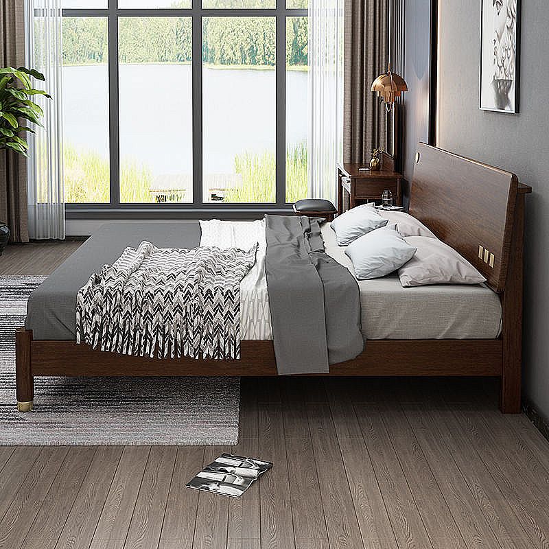 Traditional Espresso Panel Bed Walnut Rectangular Standard Bed with Headboard