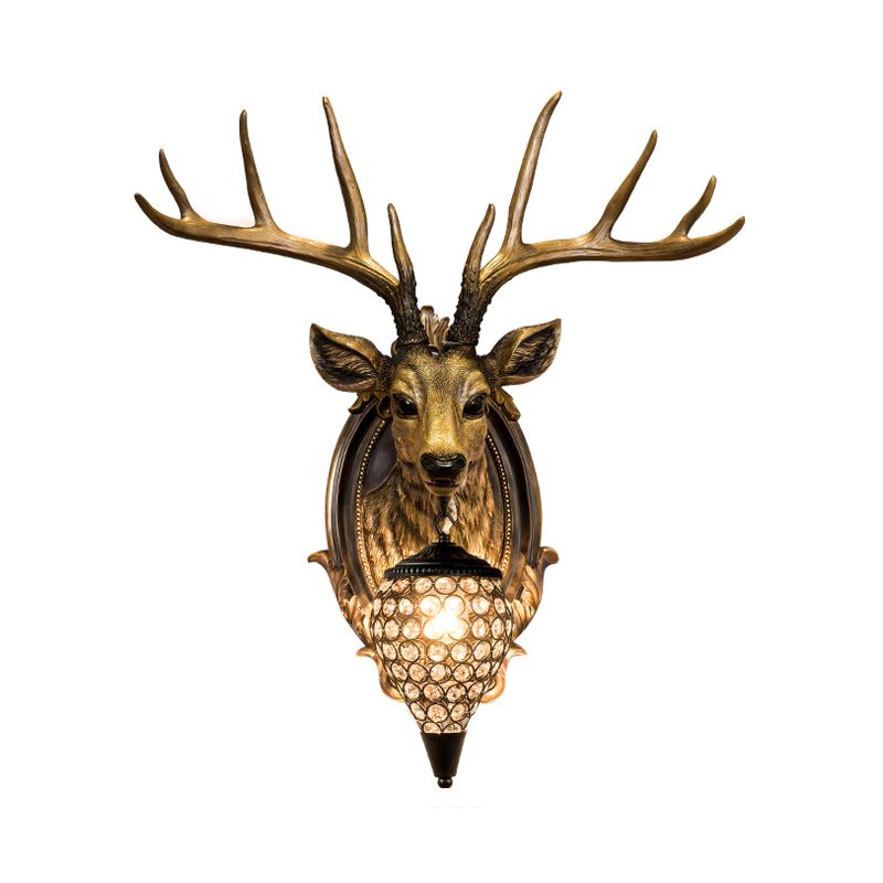 White/Beige/Yellow Deer Wall Lighting Rustic Resin 1 Light Living Room Sconce Lamp with Droplet Crystal Shade