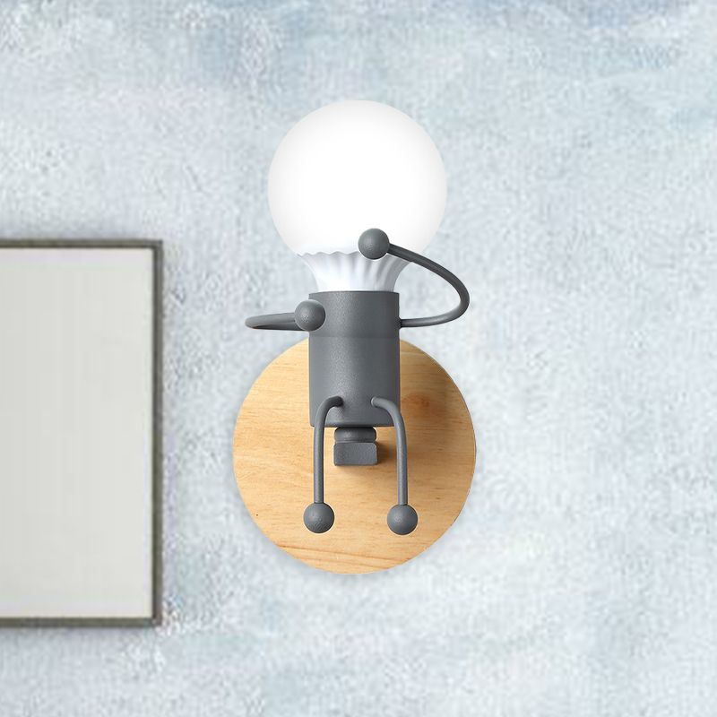 Naked Bulb Small Wall Lighting Creative Iron Single Kids Bedside Sconce Light with Robot Design Lamp Socket in Grey/Green/White