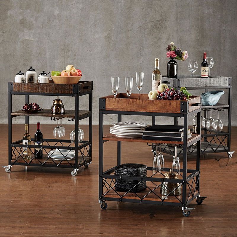 Modern Rolling Prep Table Wood Rectangular Prep Table for Home Use