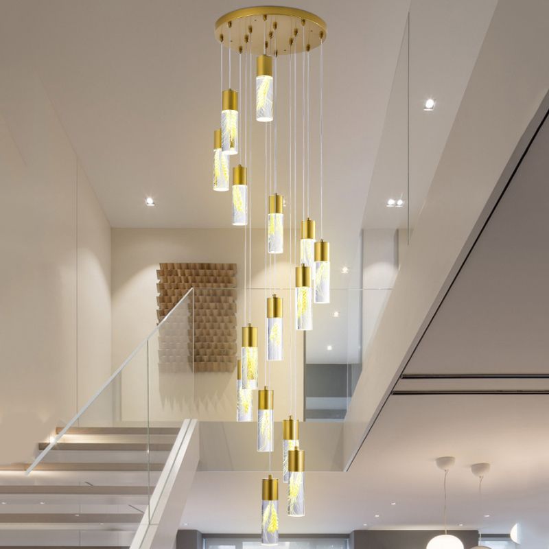 Gold 15/20-Head LED Hanging Light Modernism Acrylic Tube Multi Light Pendant Chandelier