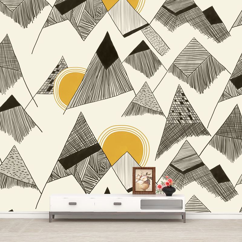 Full Size Art Deco Murals Wallpaper Yellow-Black Sun Behind Cone Mountain Drawing Wall Covering, Custom Print