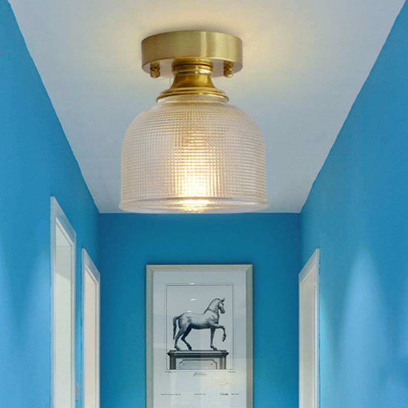 Brass Finish 1-Head Ceiling Mounted Light Minimalist Carved Glass Shaded Semi Flush Mount Lamp for Corridor