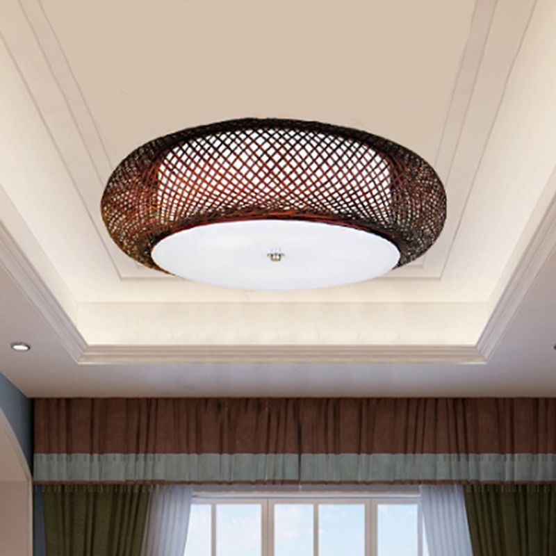 Lumière suspendue brune / bois à main avec ombre de tambour asiatique 1 lumière de suspension en bambou pour salle à manger