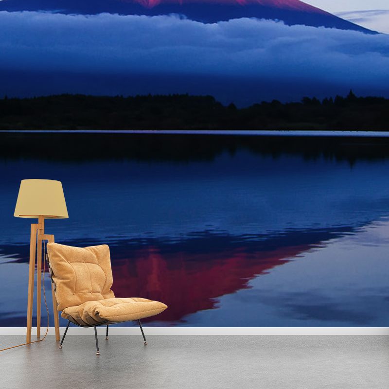 Volcano Reflection in Lake Mural Blue-Red Modernism Wall Covering for Accent Wall