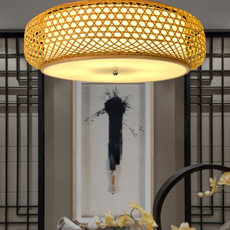 Ronde inbouw plafondlamp moderne bamboe eetkamer inbouw in hout