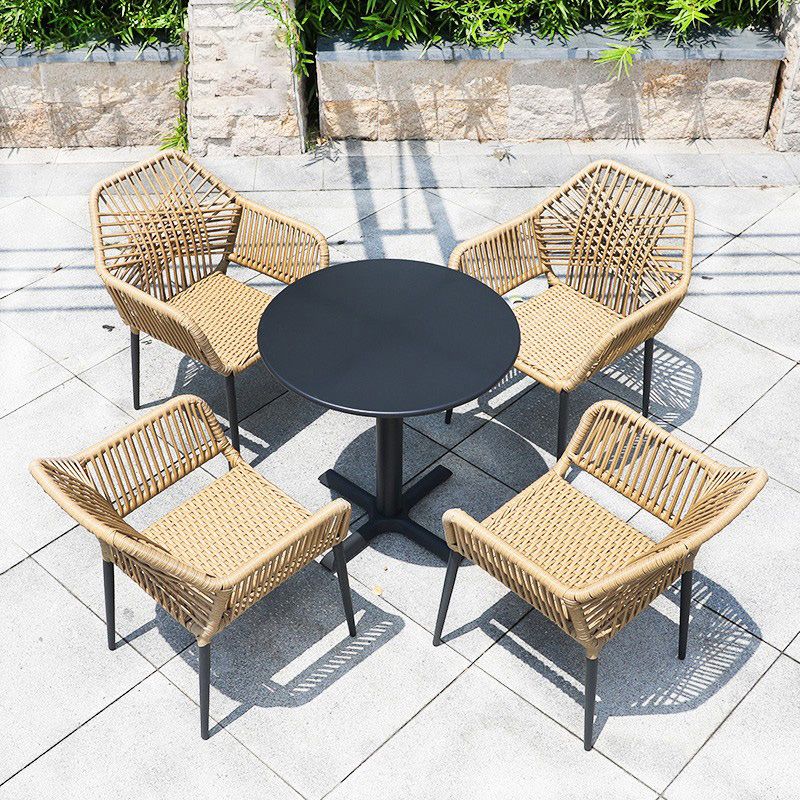 Tropical Outdoor Bistro Chairs with Arms in Faux Rattan and Metal Base