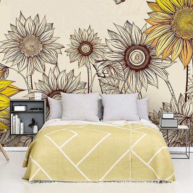 Sunflower Wall Art in Yellow, Nostalgic Countryside Mural Wallpaper for Home Decor