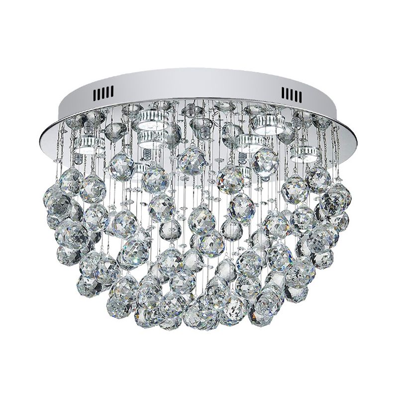 Crystal Orbs Fountain Flush Mount Light Modernist 9-Light Living Room Close to Ceiling Lamp in Chrome