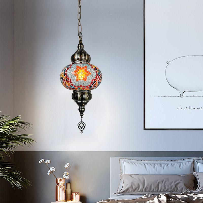 Stained Glass Oval Hanging Light Kit Traditional 1 Head Bedroom Pendant Lighting in White/Red/Orange