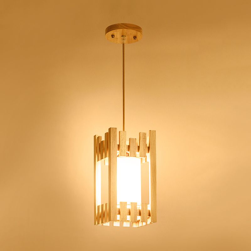 Cylinder Shade Bistro Pendant Light Fabric 1 Head Asia Suspension Lighting with Wood Cage Guard