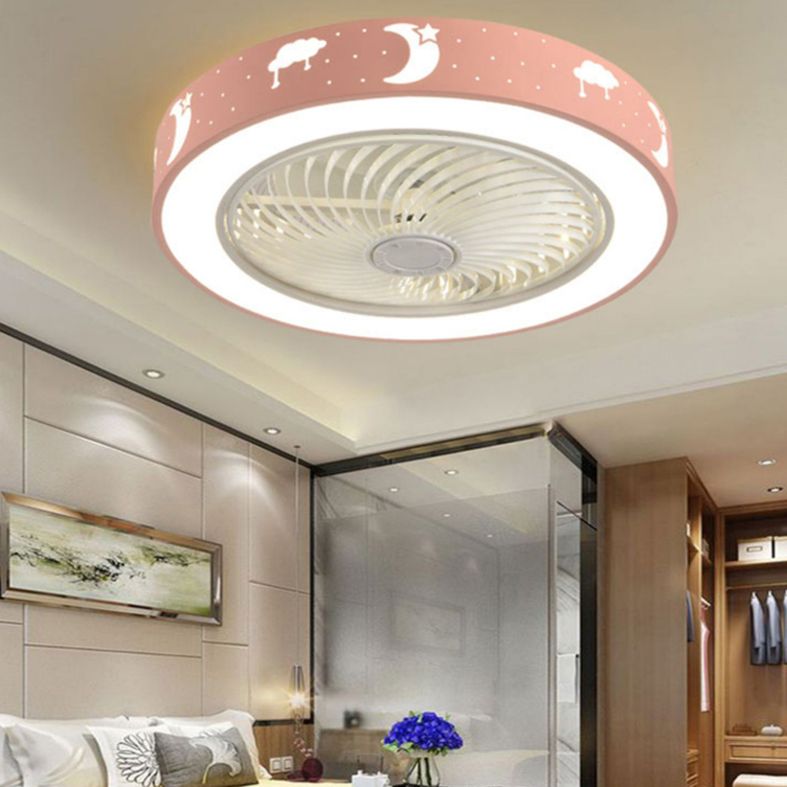 Lámpara de ventilador en forma de tambor rosa caricatura led metal semi flush luz para habitación infantil