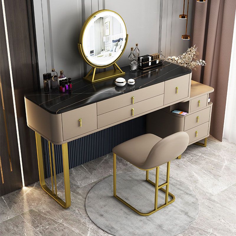 Pine Wood 7 Drawers Dresser with Stone Top Make-up Vanity for Bedroon