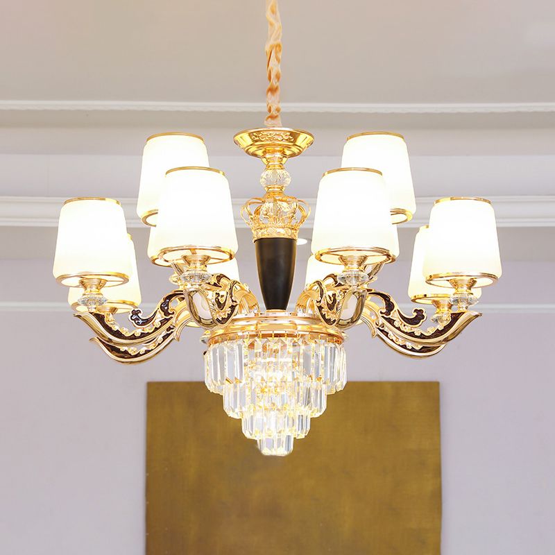 White Glass Tapered Ceiling Lighting Traditional Living Room Chandelier Light with Layered Crystal Decor