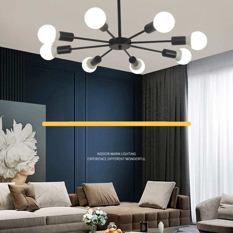 Nordic Style Creative Metal Chandelier 23.6 Inches Wide Burst Shaped Open Bulb Lighting Fixture for Bedroom Living Room