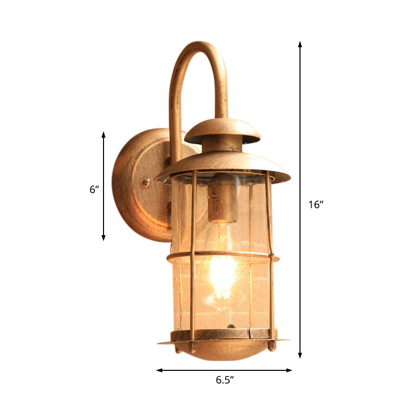 1 Light Wall Lamp Lighting Coastal Cylinder Clear Glass Sconce Light Fixture in Brass with Cage