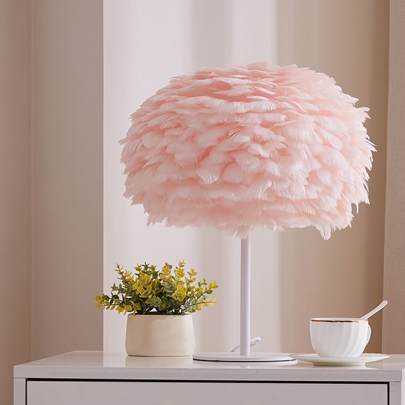 Round Shade Table Lighting Minimalistic Feather 1��Bulb Living Room Nightstand Lamp