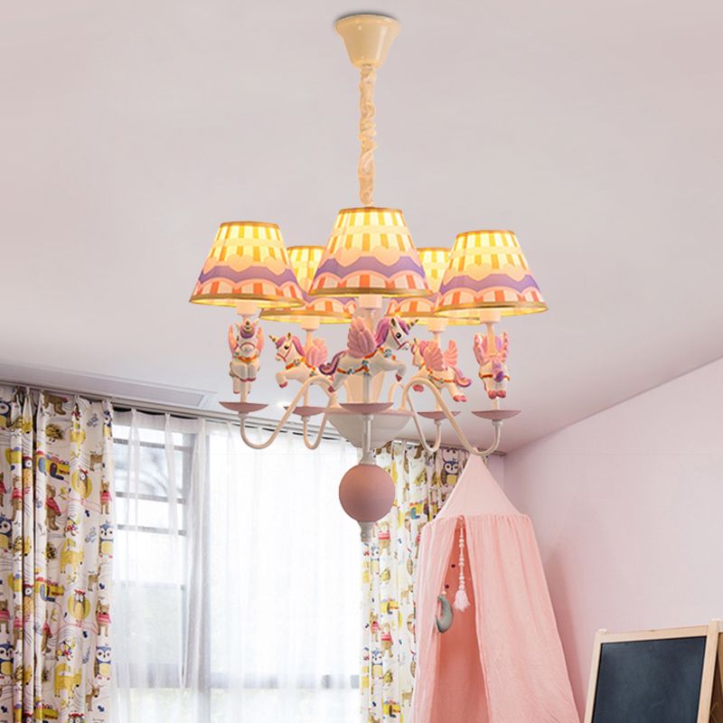 Pink/Blue Tapered Pendant Chandelier Cartoon 5 Lights Fabric Ceiling Light with Unicorn Decoration