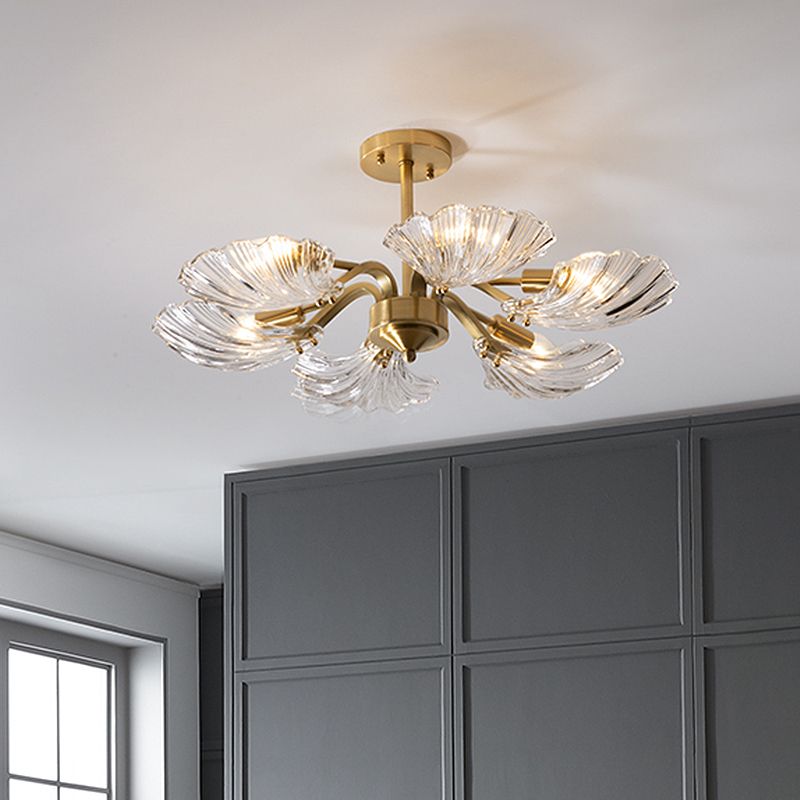 Schelpvormig, helder glas, semi-inbouwlamp, modern plafondarmatuur met 6 lampen in de slaapkamer, in messing
