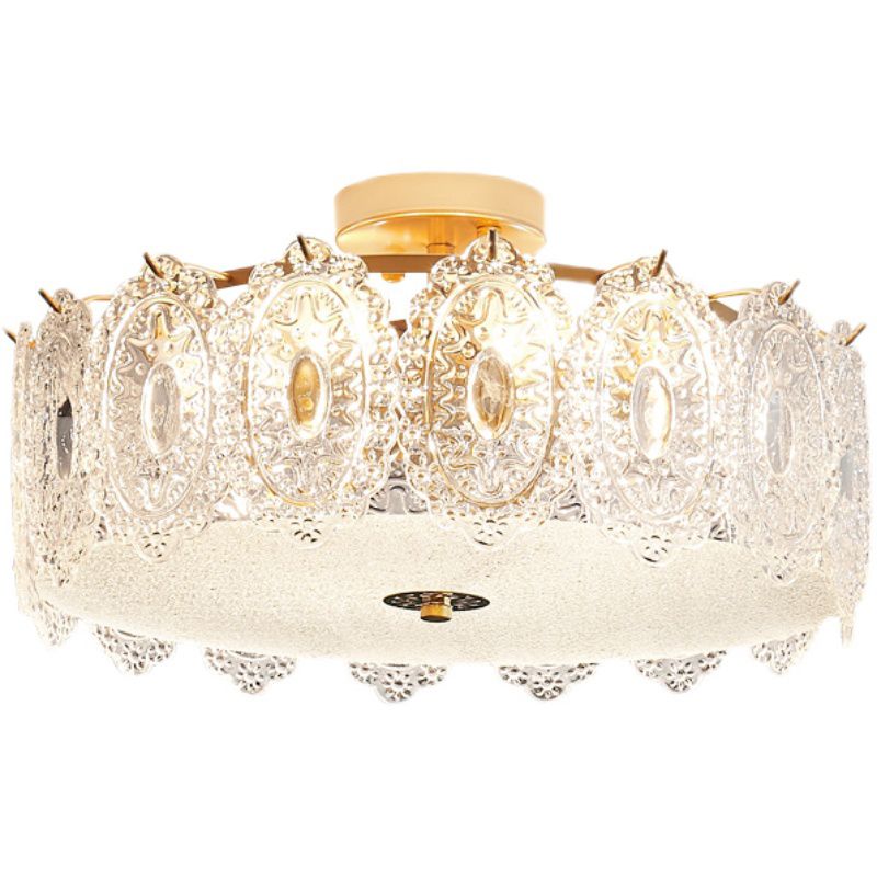Drum Semi Flush Mount Lamp Glass Minimalist Style Ceiling Mount Light in Gold for Bedroom