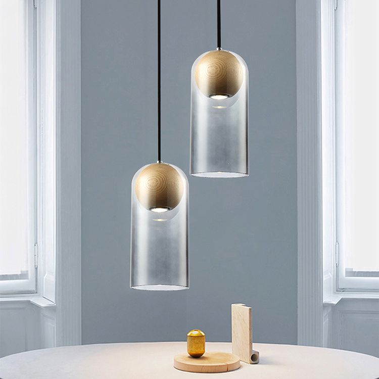 Modern Artistic LED Pendant Light Wooden Bell Hanging Lamp with Gray Glass Shade